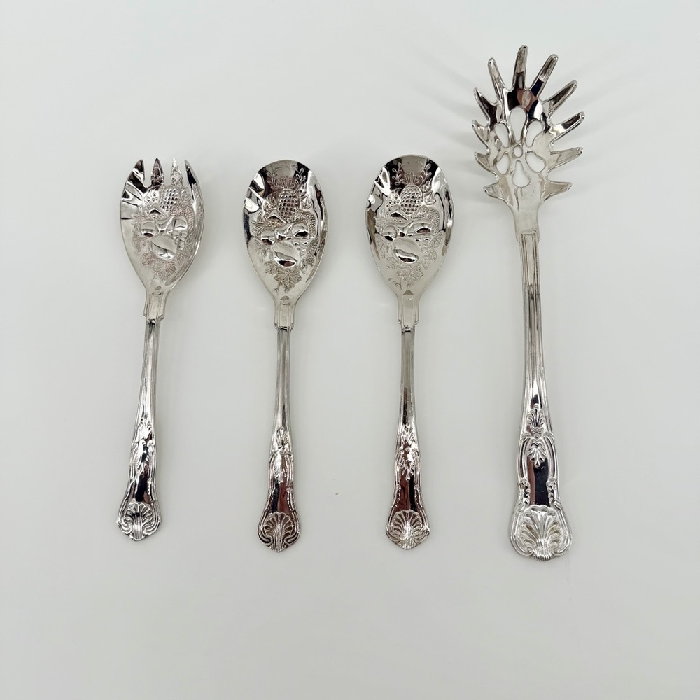 Vintage King's Pattern Silver Plate 4pc Serving‎ Set Pasta Server & Fruit Motif
